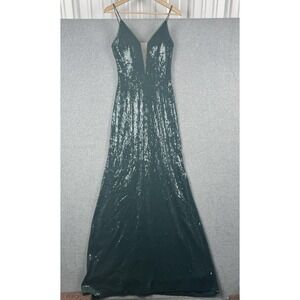 Betsy & Adam Dress Womens 8 Green Sequin Gown Formal Maxi Plunge Evening Party